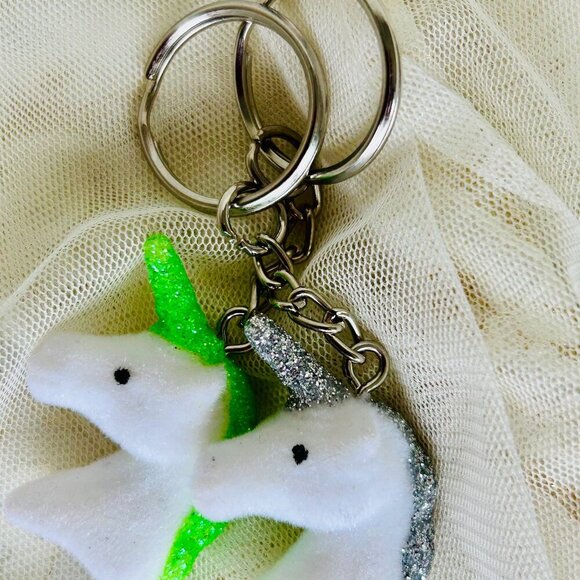 Set of TWO Glittery Green & Silvery Cute Unicorn charm Keychains - Picture 4 of 4